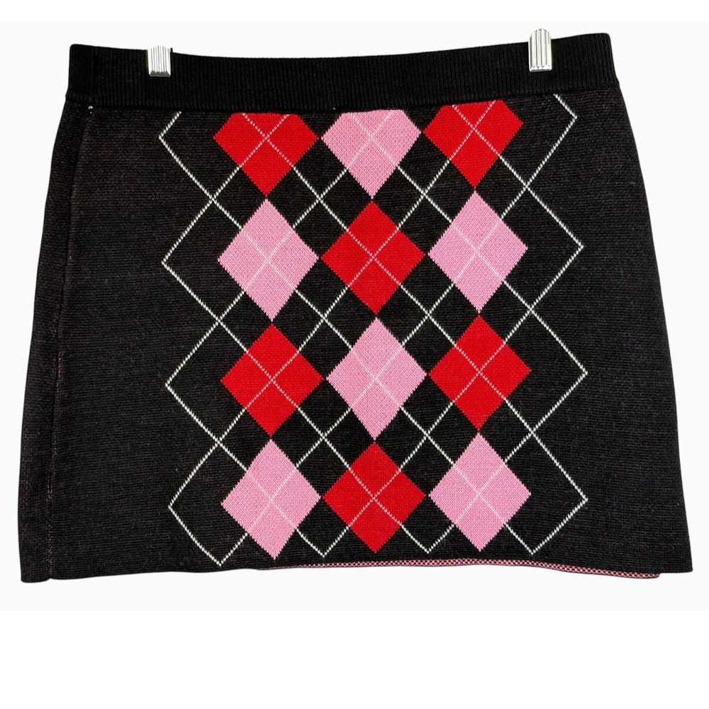 H&M Divided Women's L Black Red Pink Argyle Knit Mini Skirt Preppy Y2K